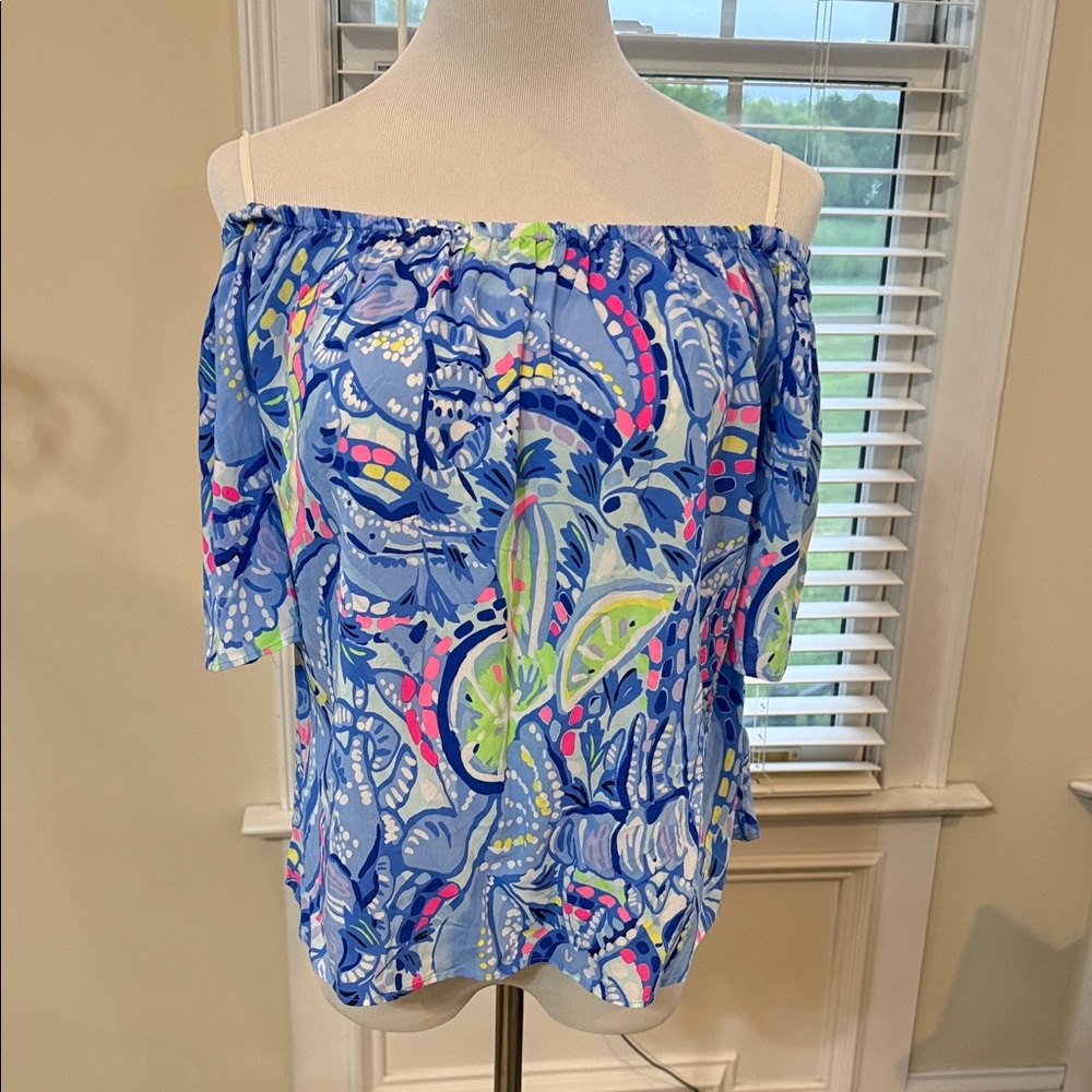 Lilly Pulitzer Blue Off-Shoulder Floral Tunic with Pink & Lime Accents